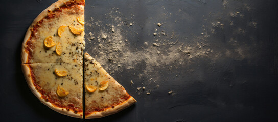 a cheese pizza is cut in half, in the style of dark gray