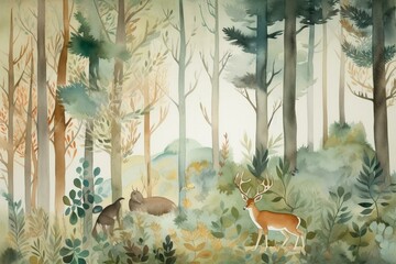 Charming watercolor painting depicting woodland wildlife in a vertical forestry scene banner. Generative AI