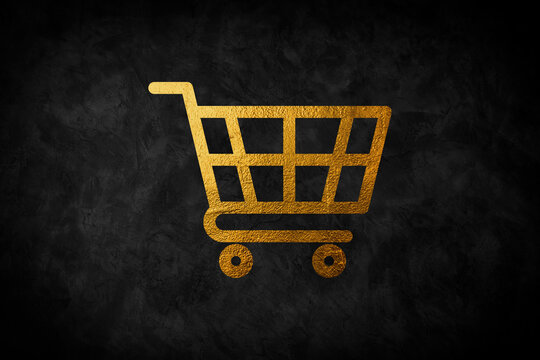 cart, shopping gold icon. Vector illustration of golden particle on black background.
