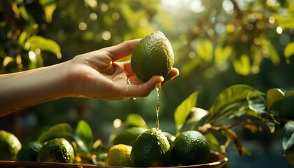 hand picking an avocado from a tree. hand holding green ripe avocado. avocado picking season during...