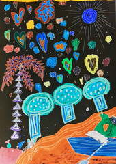 children's bright colorful drawing with rainbow heart mushrooms boats stars pink crimson blue green yellow sun orange circles bright boom