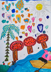 children's bright colorful drawing with rainbow heart mushrooms boats stars pink crimson blue green yellow sun orange circles bright boom