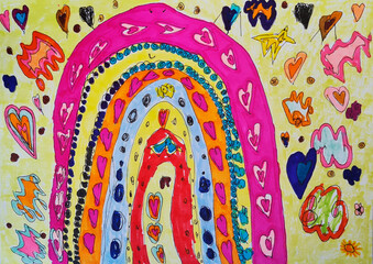 children's bright colorful drawing with rainbow heart mushrooms boats stars pink crimson blue green yellow sun orange circles bright boom