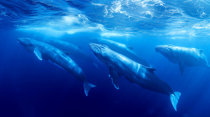 Five whales swim gracefully underwater, with light from the water's surface casting a beautiful glow on their bodies