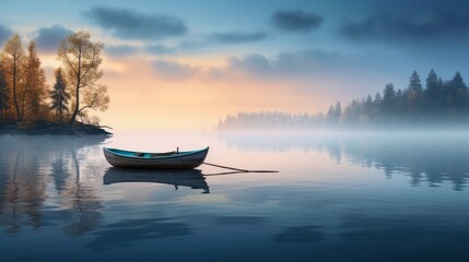 Canoe wooden boat on a calm misty lake in the middle of a mountain forest.	
