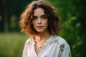 Naklejka premium Woman in a cotton blouse with delicate floral embroidery, outdoors.