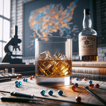 a glass of whiskey sitting on top of a table, a 3D render featured on pixabay, art photography, rendered in unreal engine, stockphoto, vray tracing