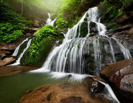 Waterfall is flowing in jungle. Waterfall in green forest. Mountain waterfall. Cascading stream in lush forest. Nature background. Rock or stone at waterfall. Water sustainability. Water conservation