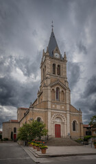 Fototapeta na wymiar Dardilly, France - 08 06 2023: Panoramic view outside Saint Jean-Marie Vianney Church facade.