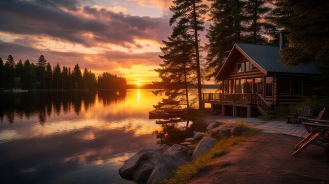 View of a cottage house on the edge of a quiet lake in a pine forest, in the morning light.