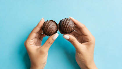 Young adult woman hand fingers holding fresh and old spoiled dark chocolate candies on light blue table background. Pastel color. Compare two pralines. Point of view shot. Top down view