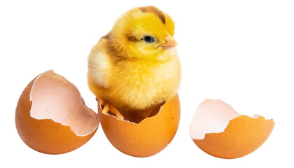 Cute yellow chicken hatched from an eggshell. Easter concept. on transparent background
