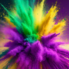 Colored powder explosion. Colorful purple, green, gold colors dust background. Holi paint powder splash in colors of Mardi gras carnival
