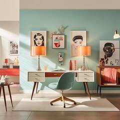 Retro-chic workspace featuring a colorful vintage desk and modern seating