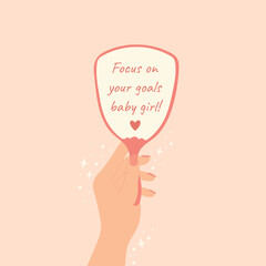 Concept of self love. Woman's hand holding mirror. Motivational quote self love positive mind concept. Motivation, inspiration, acceptance concept. Cartoon vector illustration.