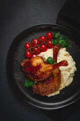 Fried duck shank, cauliflower puree, cherry tomatoes, homemade, no people,