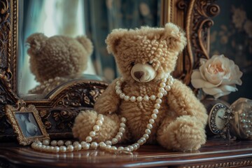 Vintage teddy bear adorned with a string of pearls seated on an antique dressing table in a room with a touch of old-world glamour