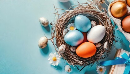 Fototapeta na wymiar Easter poster background template with Easter eggs in the nest on light blue background