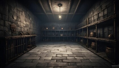 Underground old medieval dungeon jail cells, fantasy adventure tabletop role play game setting, dark and creepy rp table top background, hd created with generative ai - obrazy, fototapety, plakaty