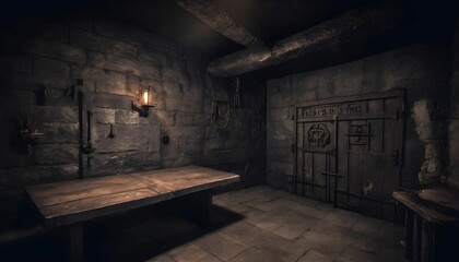 Fototapeta na wymiar Underground old medieval dungeon jail cells, fantasy adventure tabletop role play game setting, dark and creepy rp table top background, hd created with generative ai