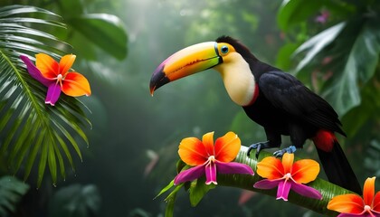 toucan on a branch, Toucan 4k wallpaper, tropical rainforest, colorful flowers, hd created with generative ai	