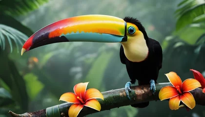 Rolgordijnen toucan in the jungle, Toucan 4k wallpaper, tropical rainforest, colorful flowers, hd created with generative ai  © Chaudhry