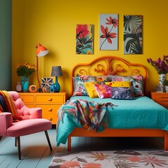 Retro-chic bedroom with vintage furniture and pops of vibrant colors