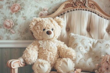 Vintage-style teddy bear adorned with a delicate lace collar sitting on an antique chair in a vintage-inspired room with soft pastel hues