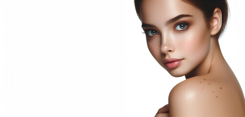 Young woman with some moles on the skin of her face and shoulders. Concept of skin care, prevention, sun protection, cosmetics, cancer and melanoma risk, epidermis. Banner image on white background. - obrazy, fototapety, plakaty