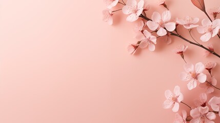 Cherry tree blossom. April floral nature and spring sakura blossom on soft pink background. Banner for 8 march, Happy Easter with place for text. Springtime concept, Top view, generative ai