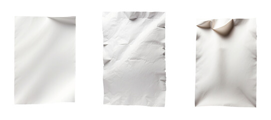 A sheet of empty paper in PNG format or on a transparent background. Decoration and design element for a project, banner, postcard, business, presentation. A piece of crumpled white paper.