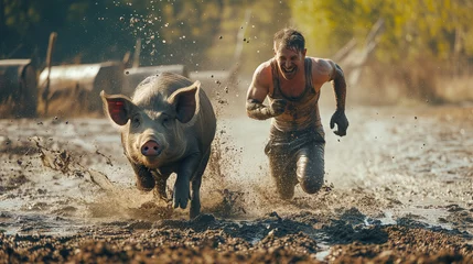 Fotobehang Adult man and a pig charge through a muddy field, competing in joyful play © olz