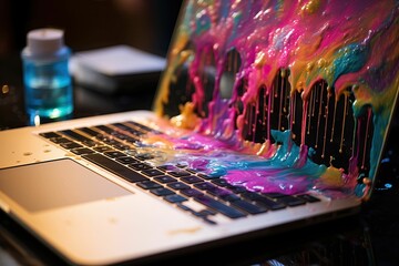 The coloured paints are dripping off the laptop - obrazy, fototapety, plakaty