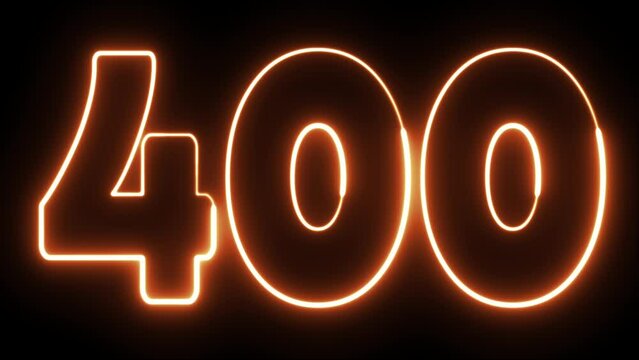 400 number text font with light. Luminous and shimmering haze inside the letters of the text 400.  Four hundred neon sign.