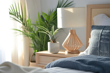 Bedroom interior, nightstand with lamp and home plant near bed. Close up shot of bed headboard with pillows and bedside table. Apartment in scandinavian style