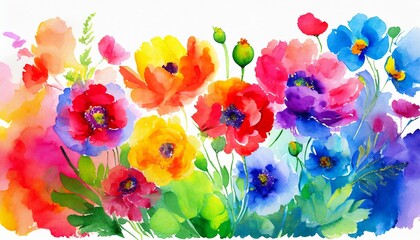 multicolored watercolor gradient rainbow flowers on a white background peonies poppies summer painting generative ai