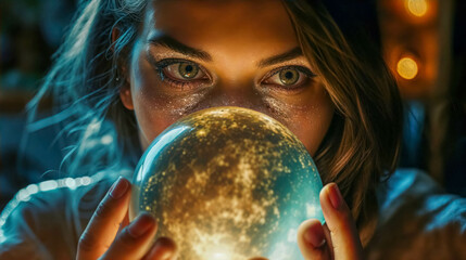A Fortune Teller's Intimate Gaze into the Orb of Infinity. Mystical Seer. Fortune Teller Holds Her Hands Over a Magical Crystal Ball - obrazy, fototapety, plakaty