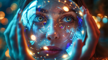 A Fortune Teller's Mesmerizing Gaze into the Cosmos. Visionary Insight. Vision of the Future With The Orb of Infinity - obrazy, fototapety, plakaty