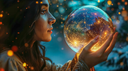 Naklejka premium A Fortune Teller's Intimate Gaze into the Orb of Infinity. Mystical Seer. Fortune Teller Holds Her Hands Over a Magical Crystal Ball