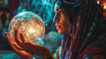 A Fortune Teller's Intimate Gaze into the Orb of Infinity. Mystical Seer. Fortune Teller Holds Her Hands Over a Magical Crystal Ball - obrazy, fototapety, plakaty