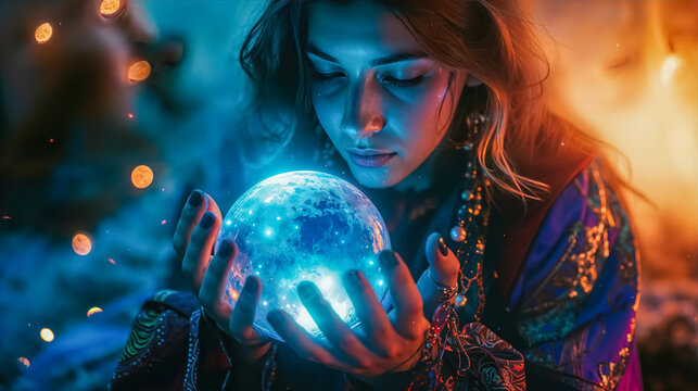 A Fortune Teller's Intimate Gaze into the Orb of Infinity. Mystical Seer. Fortune Teller Holds Her Hands Over a Magical Crystal Ball