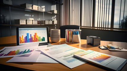 Workspace of person who is engaged in data analytics. On the table there are various papers with charts, computer equipment and office supplies.