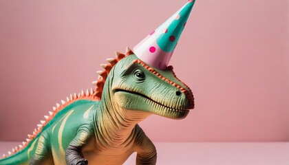 dinosaur with party hat on pastel pink background