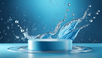 3d cosmetic background podium with abstract water splash blue background for banner product or cosmetics presentation 3d rendering illustration