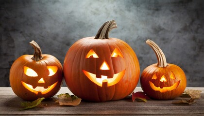 three halloween jack o lantern pumpkins