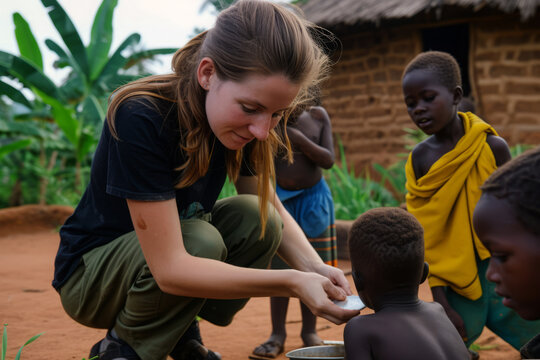 Female volunteer helps children in African village. Charitable support for children in need