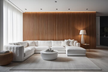 interior design of modern living room with white corner sofa