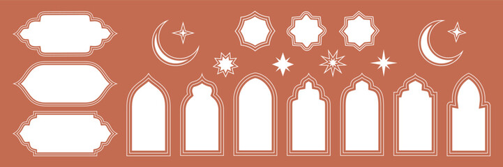 A set of templates for simple frames and windows arch, moon, star, mosque doors, mosque domes. In an oriental, traditional Arabic style. Vector illustration for design