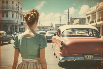 Vintage photo of woman wearing stylish dress at city street with cars, American retro style