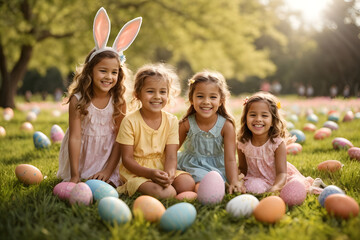 Group Of Children Playing With Easter Eggs In Field On Easter Egg Hunt. Generative AI
